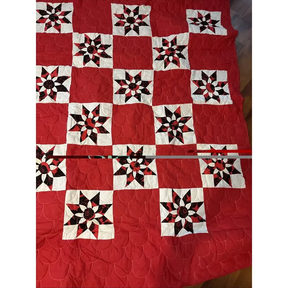Vintage Handmade Patchwork Star Quilt Red Black White Throw Blanket 78”